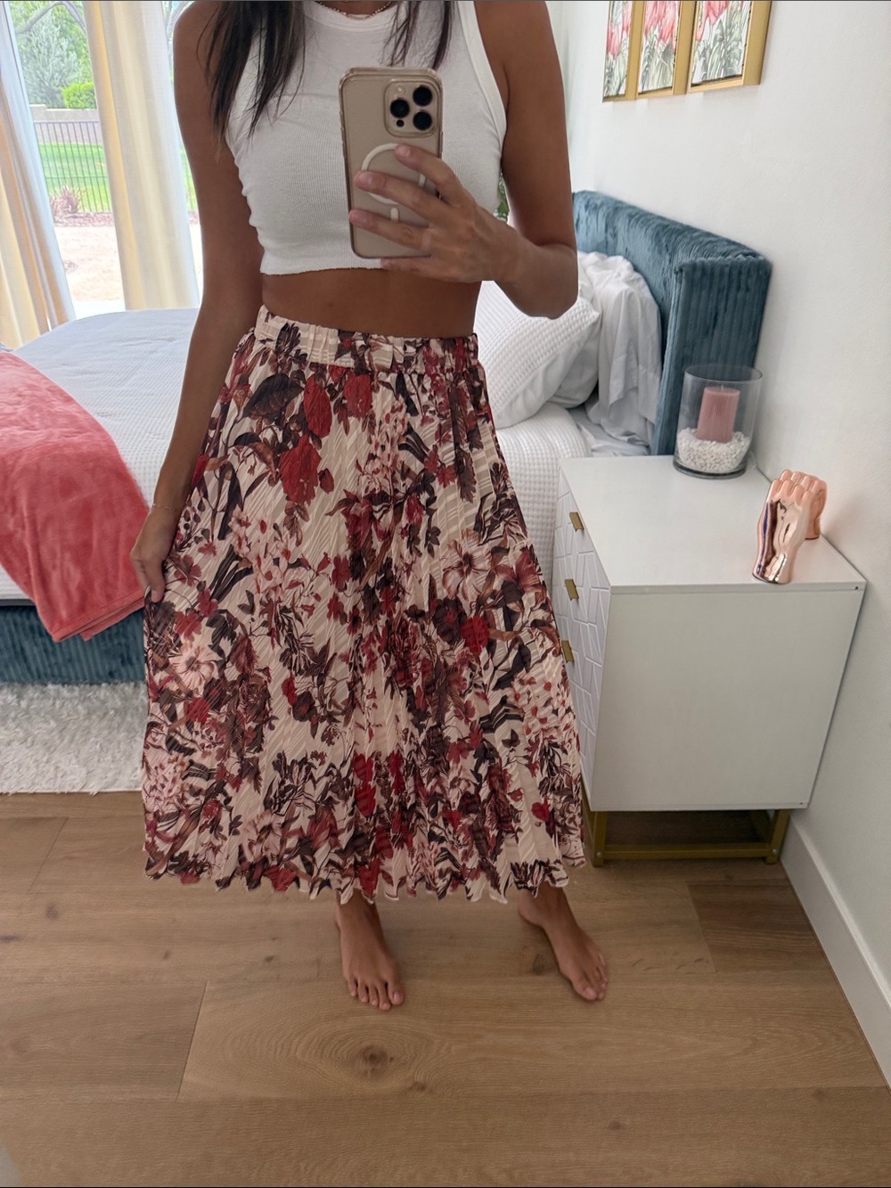H&M Floral Pleated Midi Skirt - Cream & Red